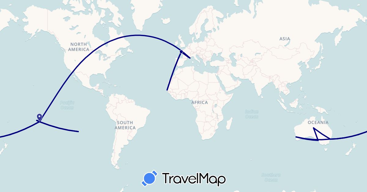 TravelMap itinerary: driving in Australia, Chile, France, Senegal (Africa, Europe, Oceania, South America)